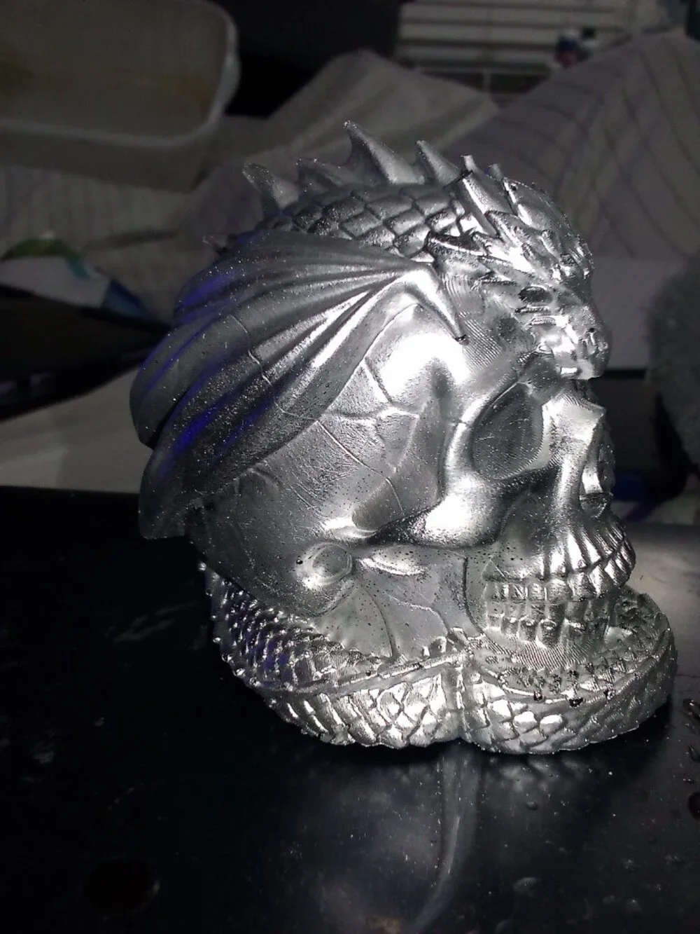 Handmade Silver Resin Skull and Dragon Statue